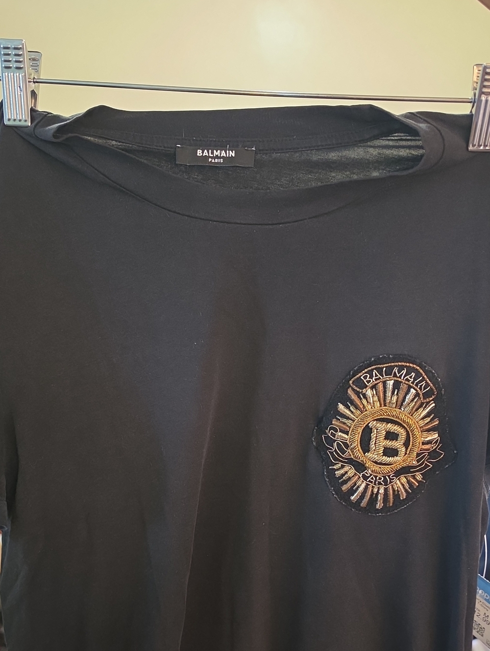 Balmain Black Tee with Gold Embroidered Crest